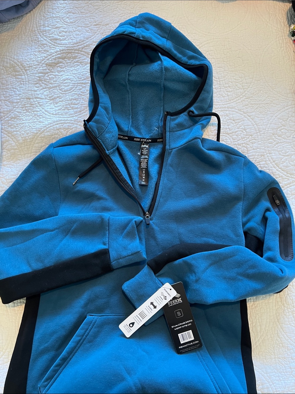 Reebok Men's Teal Blue Half-Zip Hooded Fleece Jacket